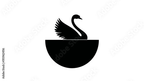 Graceful black swan silhouette graphic floating on a simple semicircular shape, minimalist vector illustration.