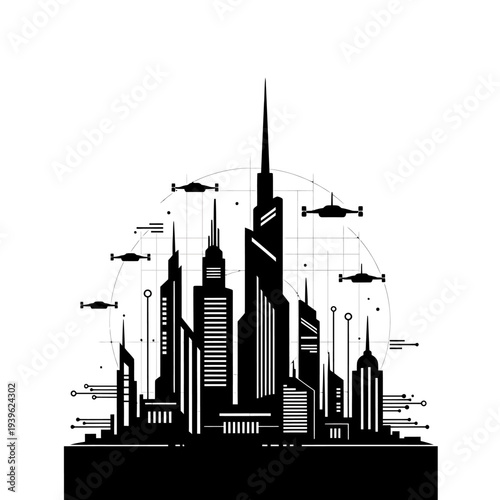 Black silhouette of a futuristic city skyline with flying vehicles and circular grid Keywords:... de