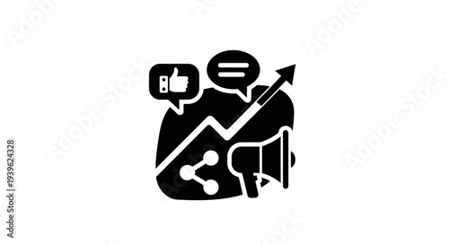Black silhouette of a megaphone with social media and a growth graph on white background marketing d