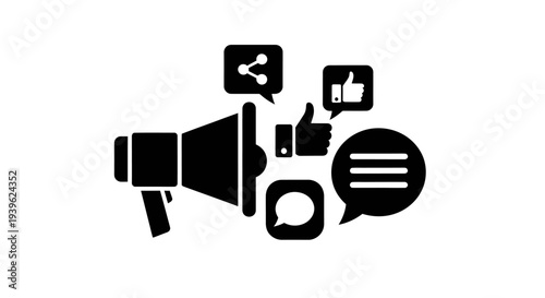 Black silhouette of a megaphone with social media share like and speech bubbles on white marketing d