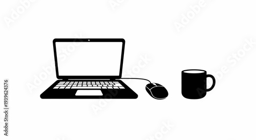 Black silhouette of an open laptop with a blank screen, a computer mouse, and a coffee mug on a... d
