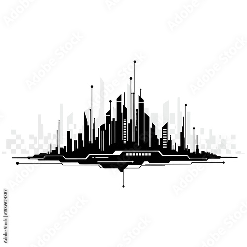 Black silhouette of a sprawling futuristic city skyline with digital connections and pixelated... de