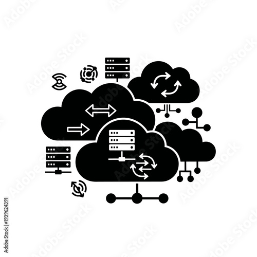Black silhouette of interconnected cloud servers and network nodes, symbolizing cloud computing... d