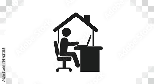 Black silhouette of a person working on a laptop at a desk inside a house outline, representing... d