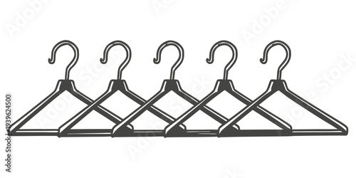 Four black wire coat hangers in a row on a white background