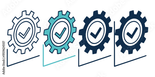 Gear icons with checkmarks in various colors and styles