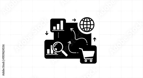 Digital marketing analysis with global reach and shopping cart showing growth and research de