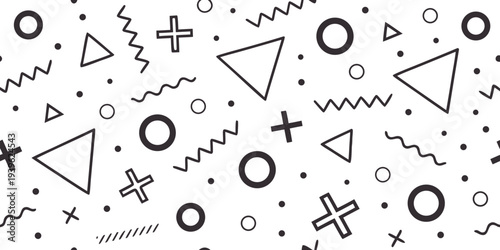 Memphis design pattern with geometric shapes and lines on white background