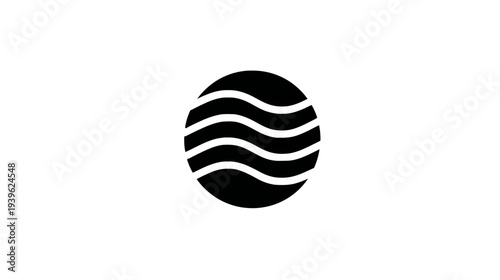 Minimalist Black and White Water Wave Circle Icon. Abstract Fluid Lines Symbolizing Ocean, Sea, Sound, or Energy Flow.