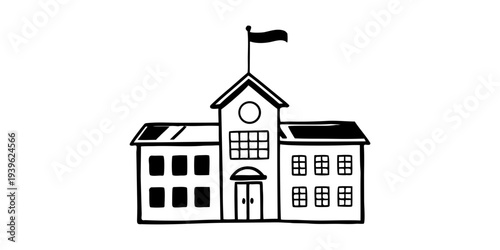 A simple line drawing of a school building with a flag on top