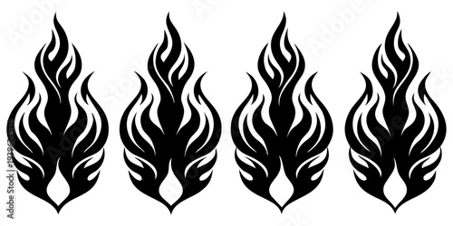 A set of four black flame designs on a white background