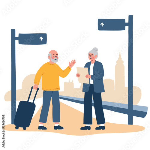 Elderly couple traveling together. Senior couple on shared journey. Elderly partners enjoying travel. Retired couple exploring together. Elderly set
