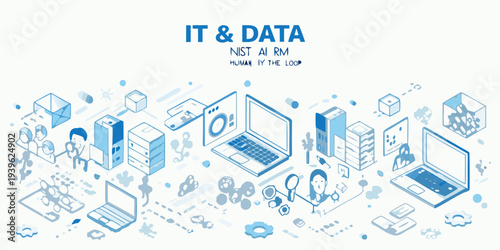 Isometric illustration depicting it and data related technologies and professionals