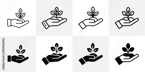Hand holding plant icons set, growth and nature concept