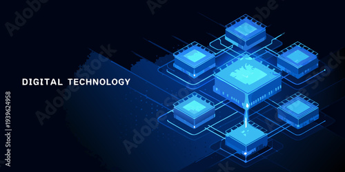 Abstract representation of digital technology with interconnected microchips