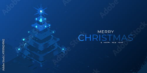 Abstract blue christmas tree with text and a sparkling star