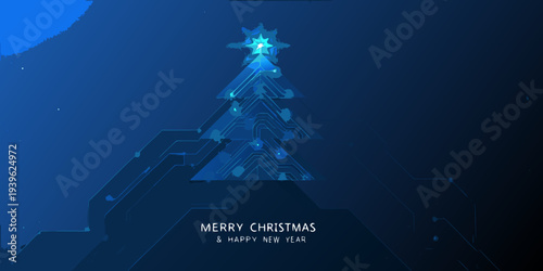 A futuristic christmas tree composed of glowing blue circuit lines
