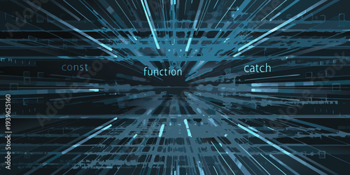 Abstract digital tunnel with cascading code and glowing lines