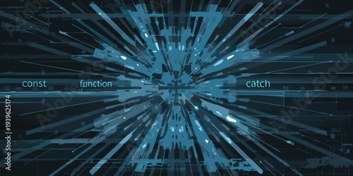 Abstract digital explosion with code elements and a futuristic tunnel