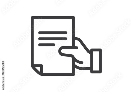 Hand holding document icon for file upload, download, or paperwork, minimalist line style