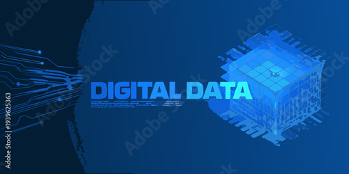 Abstract digital data cube with circuit board elements and glowing blue hues