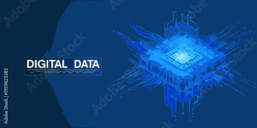 Abstract digital data concept with glowing circuit board and blue background