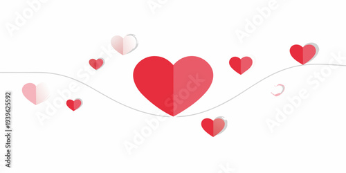 Floating red and pink paper hearts on a wavy white line