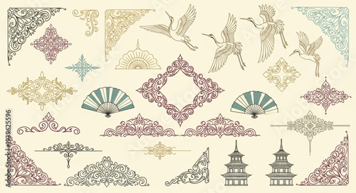 Traditional Asian Fan and Ornamental Design Elements.