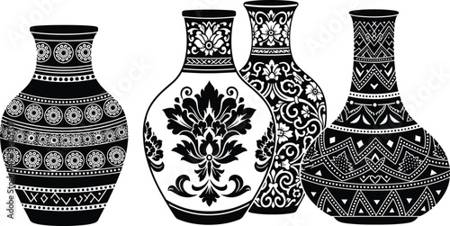 Decorative vase silhouette collection, floral and geometric motif artwork, cultural pottery design illustration set