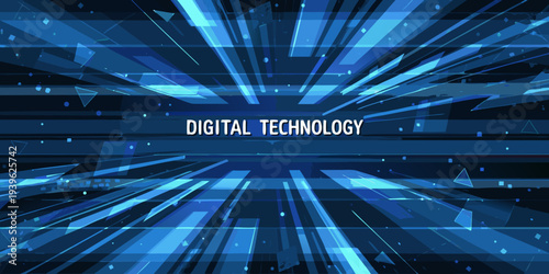 Abstract blue digital background with converging lines and text overlay