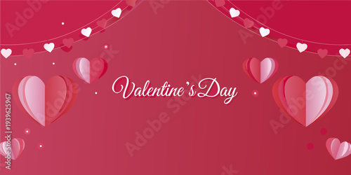 Valentine s day greeting with hearts and string lights on red background