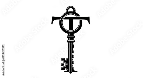 Elegant key design with a circular handle and intricate details, vintage style.
