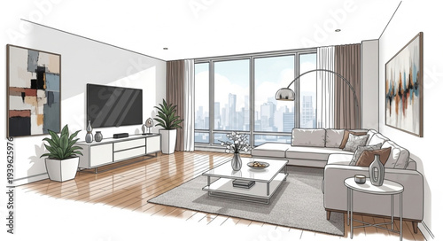 Modern Living Room Interior with Comfortable Furniture and Large Windows.