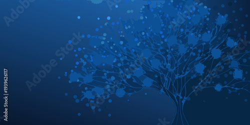 Abstract blue tree design with scattered droplet shapes and branches