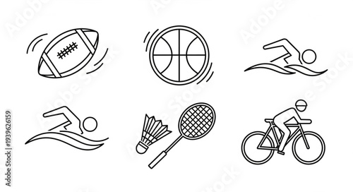 Collection of various sports icons including football, basketball, swimming, badminton, and cycling.