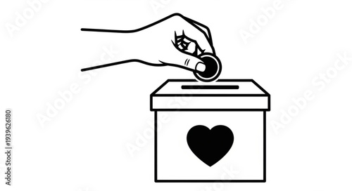 Hand dropping coin into donation box, symbol of charity and giving.