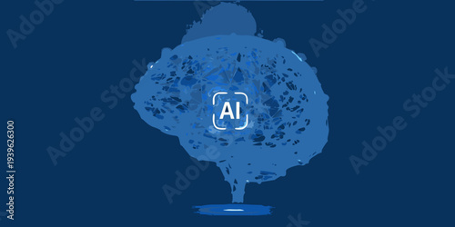 Abstract blue brain shape with ai symbol within on dark background
