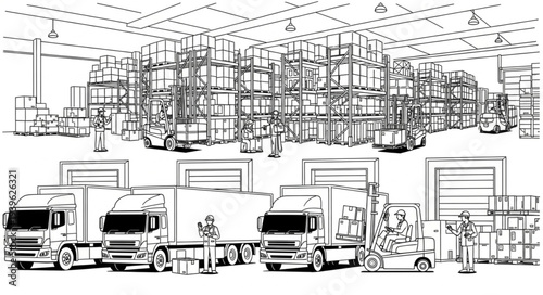 Warehouse scene with trucks, loading docks, and workers, ready for distribution.