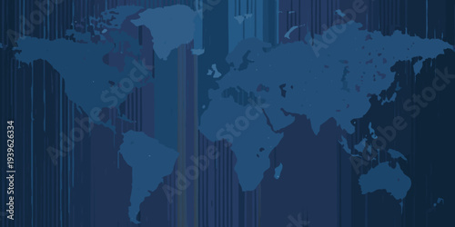 A dark blue world map with highlighted areas and vertical lines