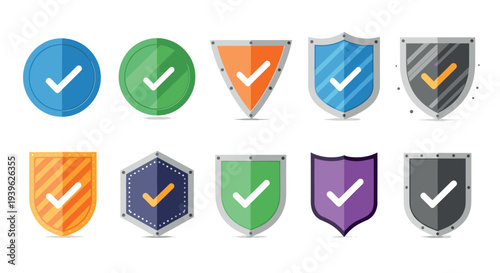  Set of colorful shield icons with check marks and verification symbols, security and protection badges in flat vector style isolated on light background
