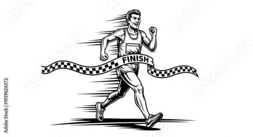 Runner crossing the finish line with determination and speed, winning the race.