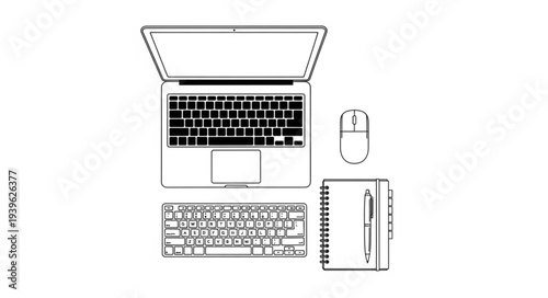 Top-down view of a laptop, mouse, keyboard, and notepad, ready for work.