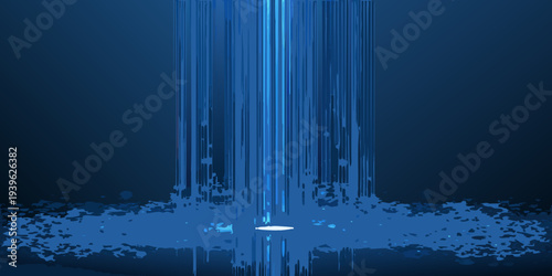 Abstract blue light streaks descending into a glowing circular base