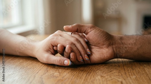 Two hands holding gently on wooden table in cozy indoor setting  