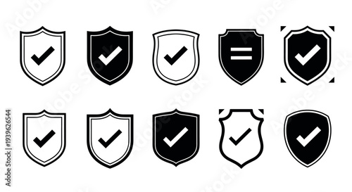  Set of shield icons with check marks in flat vector style, security and protection symbols collection for verification and safety concepts
