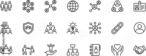 A collection of black and white line icons depicting business and social connections
