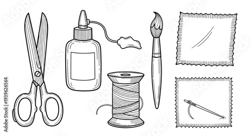 Crafting essentials - scissors, glue, thread, brush, and needlework tools for creative projects.