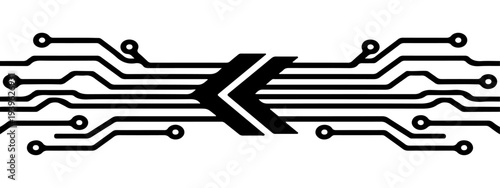 Abstract technology illustration featuring black circuit-board traces the design is symmetrical and horizontal, Flat vector style, high contrast, no gradients, no text.