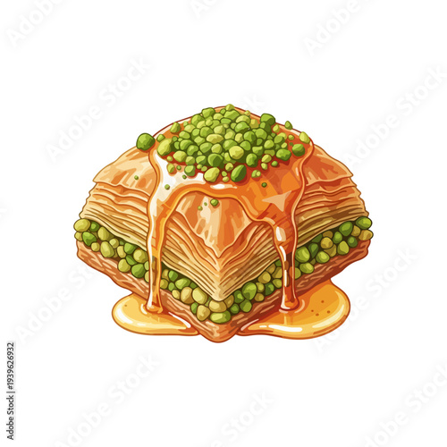 Turkish Baklava Sweet Pastry with Pistachios Flat Vector Illustration Isolated on White Background.