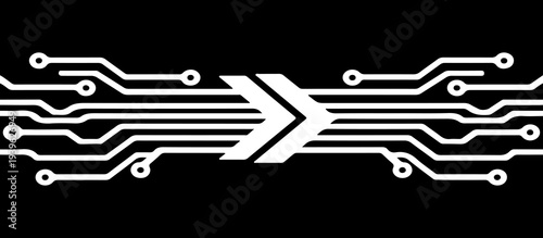 Abstract technology illustration featuring black circuit-board traces the design is symmetrical and horizontal, Flat vector style, high contrast, no gradients, no text.